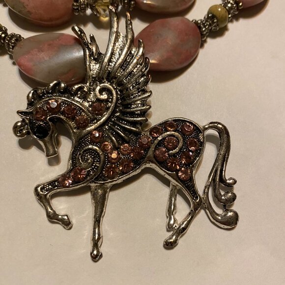 Western Necklace - Chunky Pink w/rhinestone Pegasus horse pendant w/wings. Wow - Picture 7 of 9